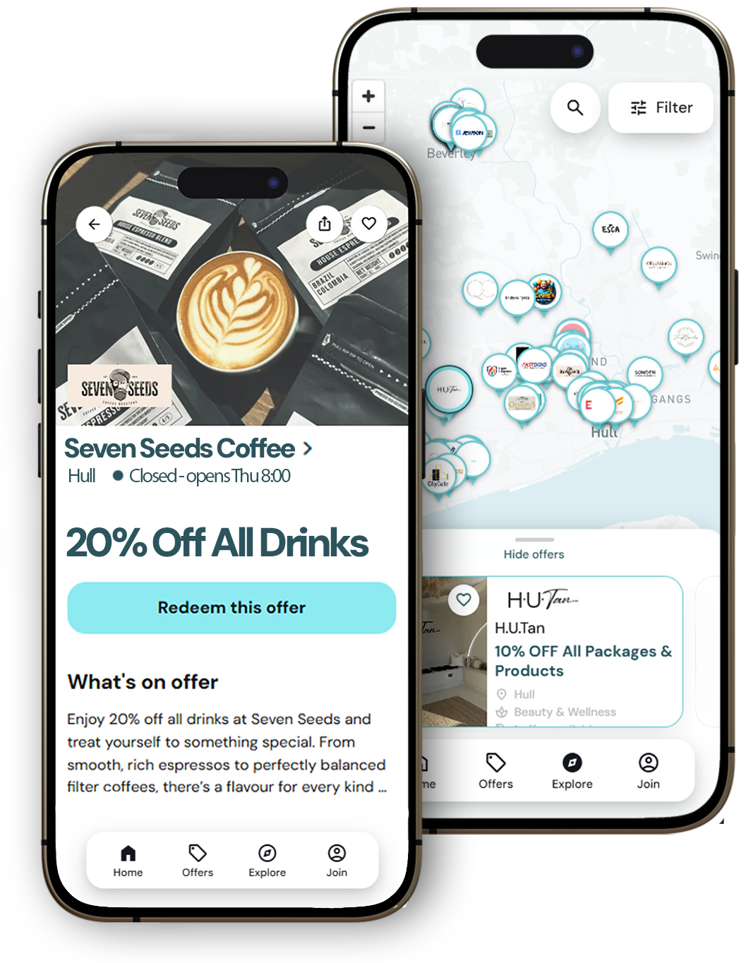 Infinity Club on a phone: an offer page and a map of local offers
