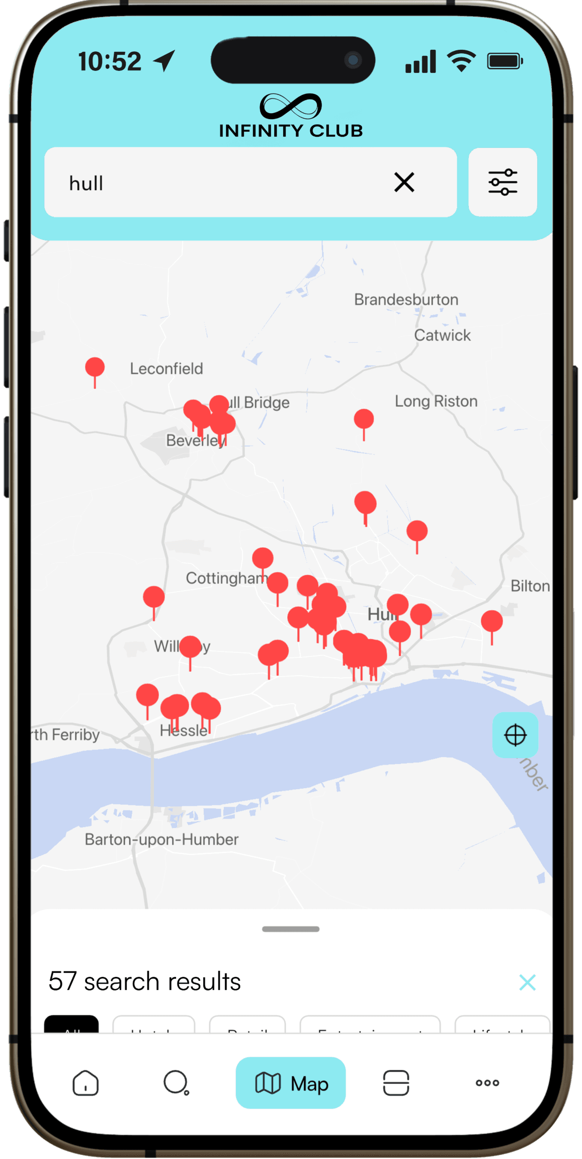 Infinity Club app map showing local offers near Hull