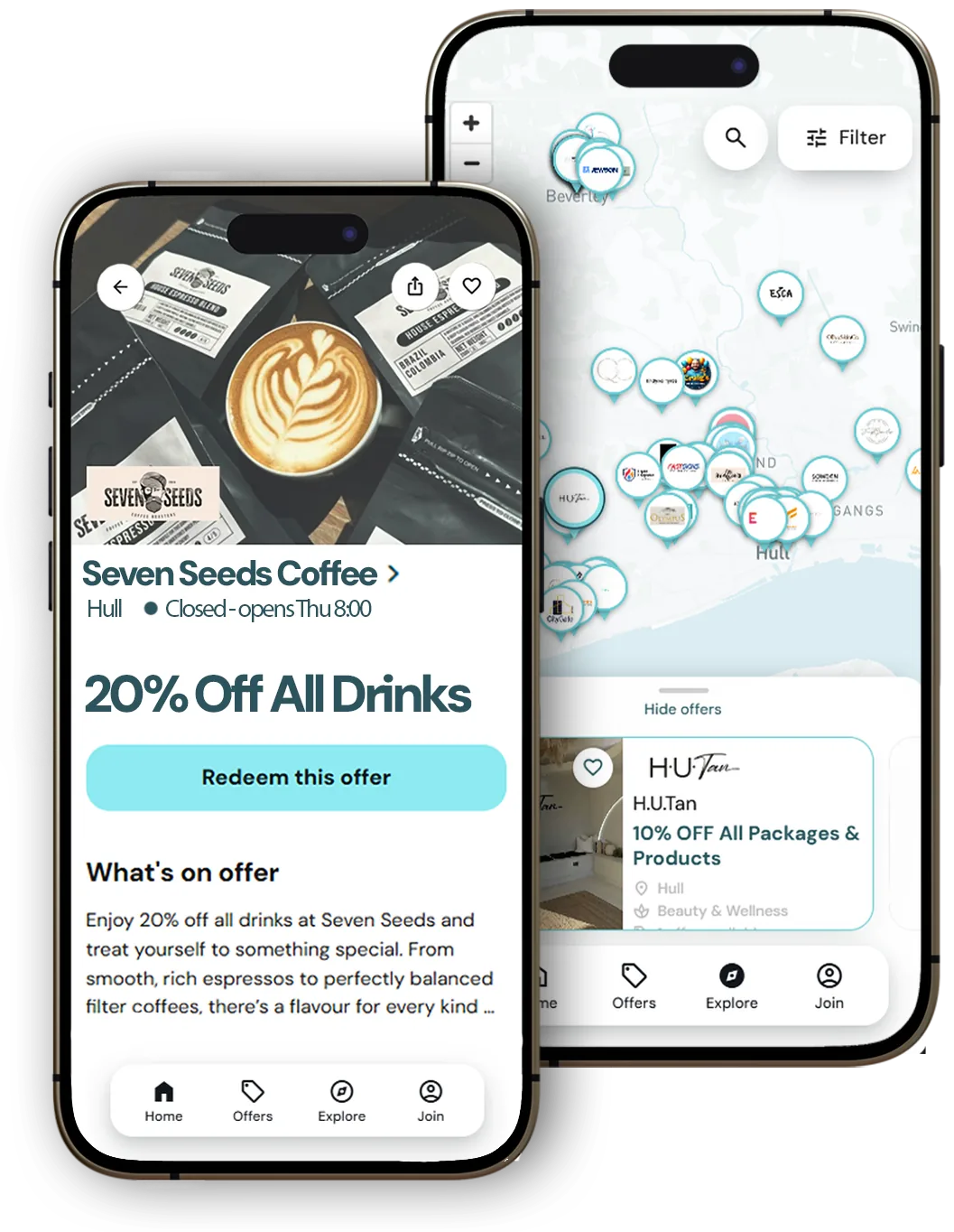 Infinity Club on a phone: an offer page and a map of local offers